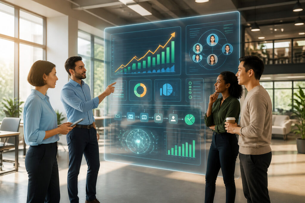 Equipe analysant des donnees sur un ecran interactif