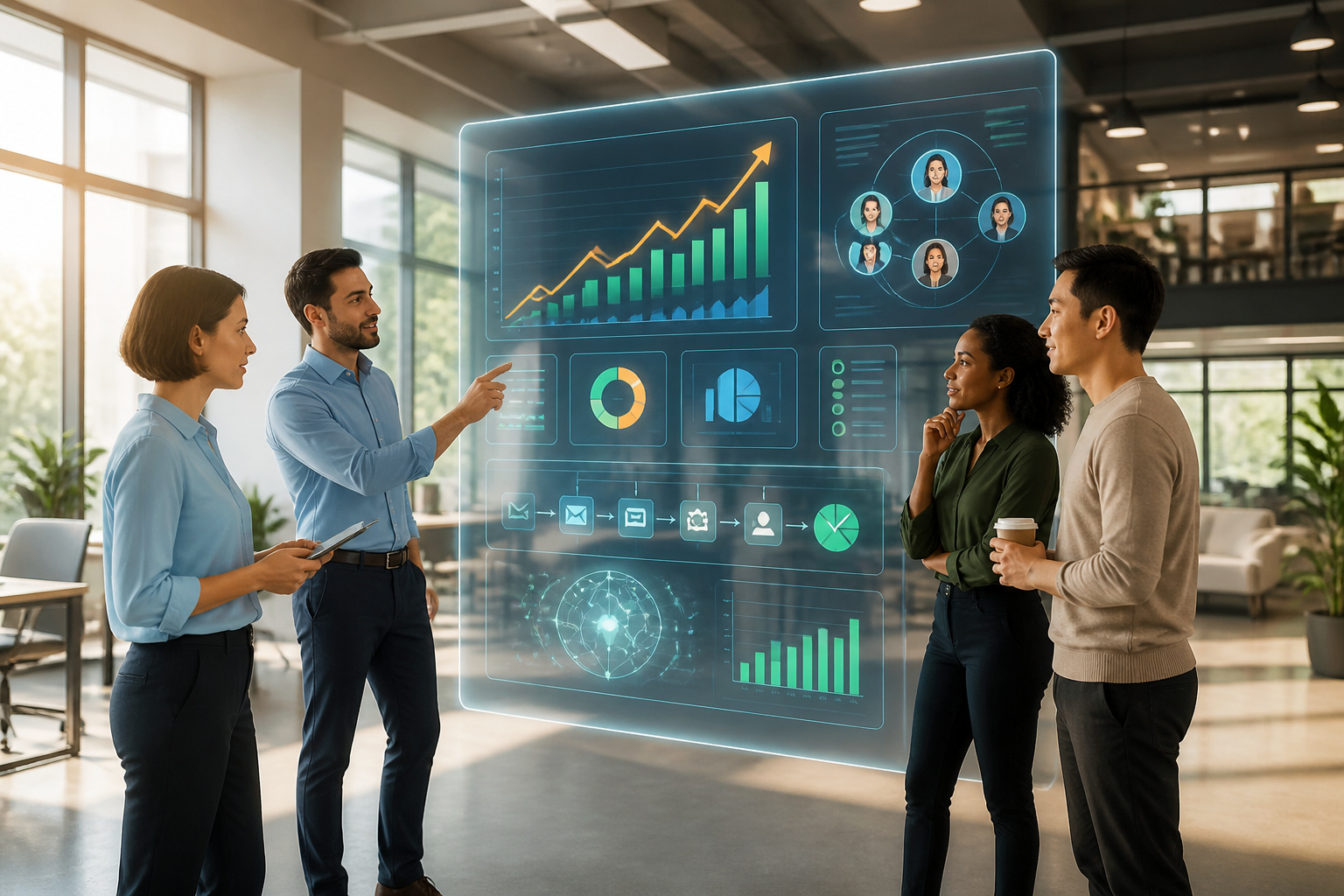 Equipe analysant des donnees sur un ecran interactif